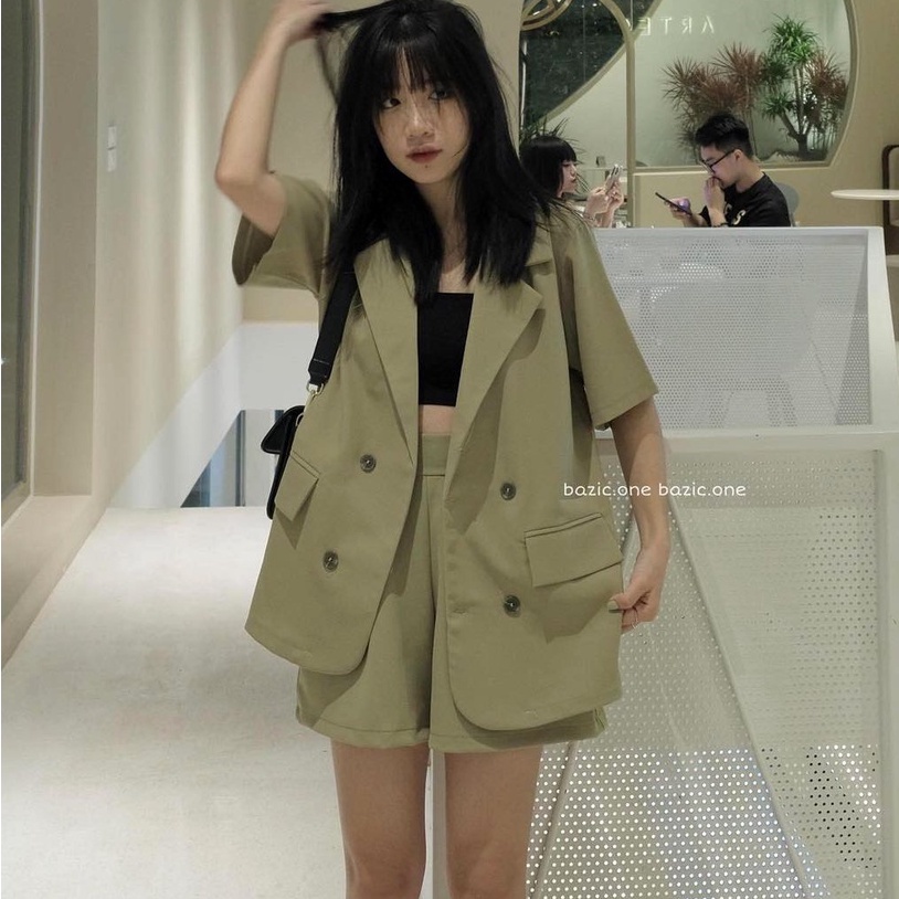 Set áo vest blazer phối quần short cạp cao kaki freesize 2 món Cheapy đen be xanh cốm hàn quốc C957