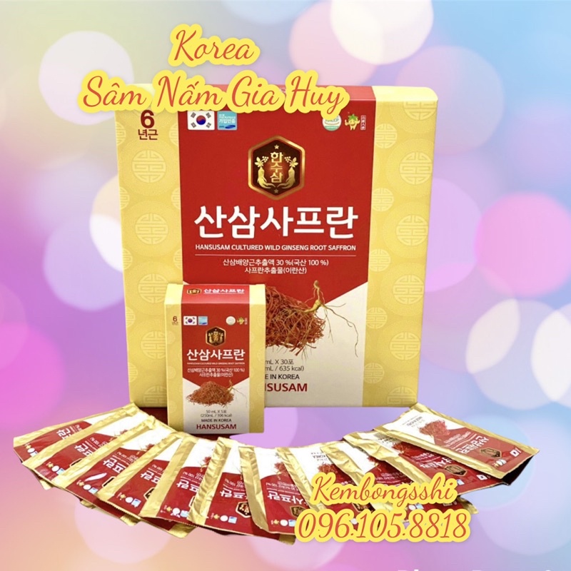 Nước Hồng Sâm Nhụy Hoa Nghệ Tây Korean Red Ginseng Saffron HANSUSAM Hàn Quốc, hộp 30 gói x 50ml