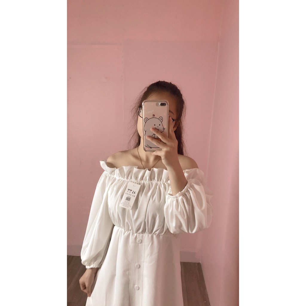 Váy trắng trễ vai triết eo tay bồng tiểu thư xinh xắn / Đầm trắng tiểu thư Hàn quốc