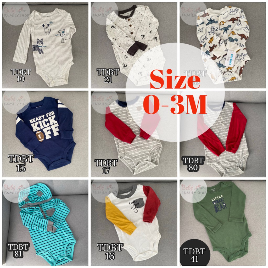 [SIZE 0-3M] Body chip dài tay BÉ TRAI Carters/ bodysuit cho bé trai xuất dư tay dài TDBG - bebefamilyshop