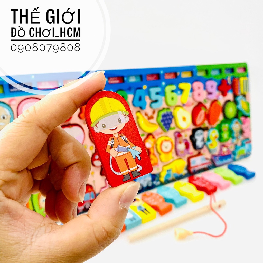 [BỔ ÍCH-MONTESSORI] Bộ đồ chơi gỗ đa năng câu cá học chữ số, nhận biết người, các loại hoa quả, xe