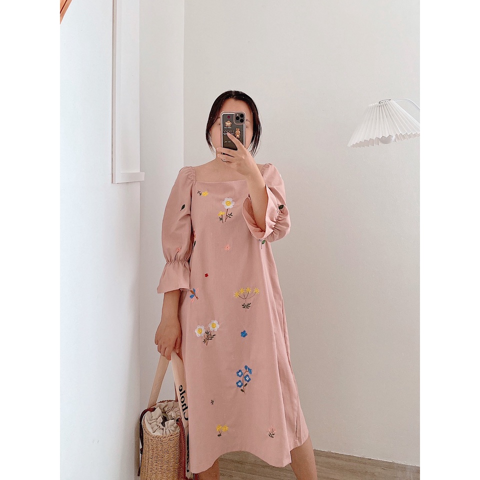 Váy Linen thêu hoa Lily phong cách Ulzzang Hàn Quốc