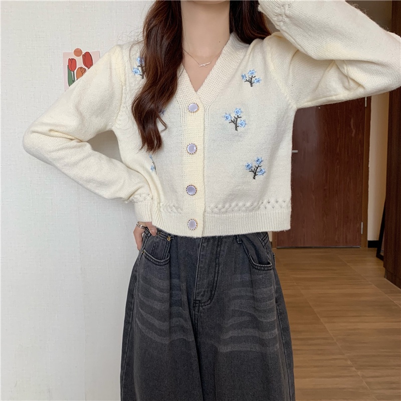 Áo Sweater Tay Dài Thêu Họa Tiết Xinh Xắn Phong Cách Hàn Quốc