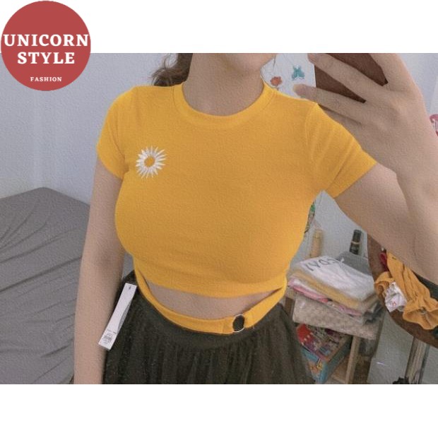 Áo Croptop Thêu Hoa Cúc Phối Khoen Eo Borip Thun Gân Nữ Cá Tính Màu Tím/Đen/Trắng/Vàng DRACR15 Mys hitshop