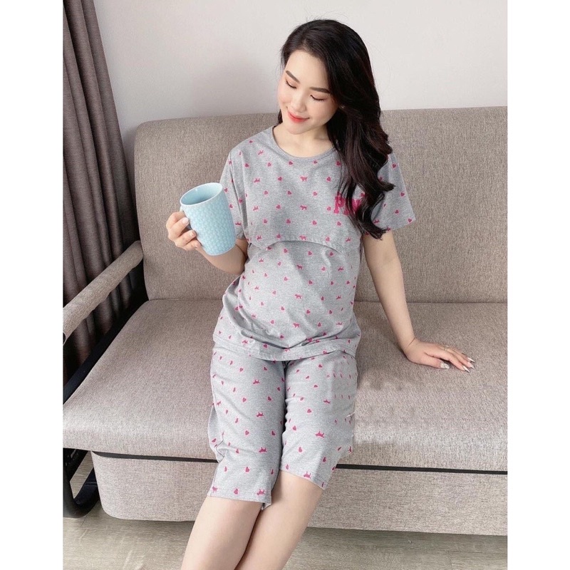 Bộ đồ bầu và sau sinh cộc tay Pink 2mama có lật ngực cho bé ti cotton dễ thương V009