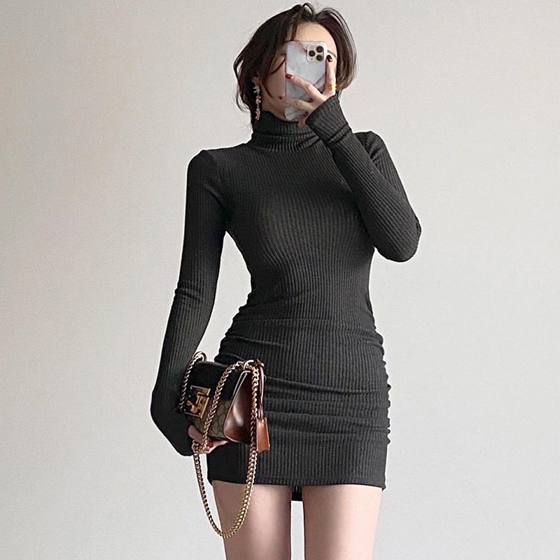 Váy đầm body tay dài cổ lọ chất thun porip co dãn