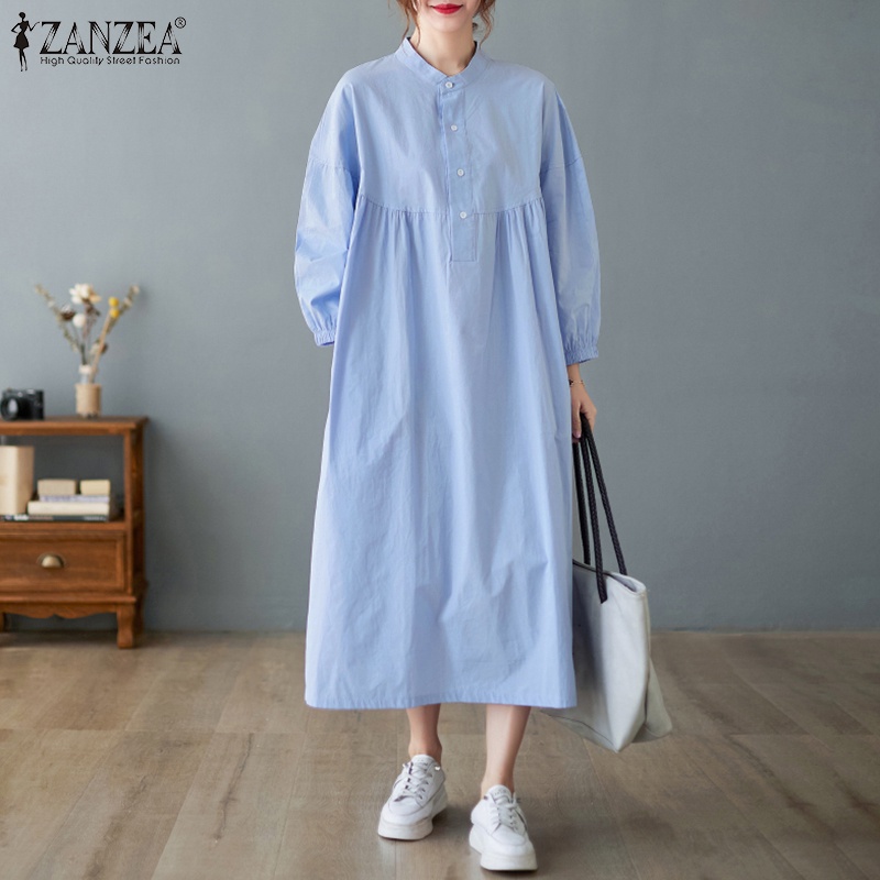 Đầm ZANZEA dài tay dài cổ đứng màu trơn phong cách Hàn Quốc thời trang cho nữ