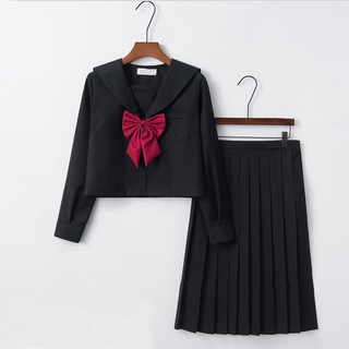 [Tặng tất] Seifuku/ Set đồng phục học sinh Nhật Bản màu đen: áo cổ thủy thủ thắt nơ + chân váy xòe