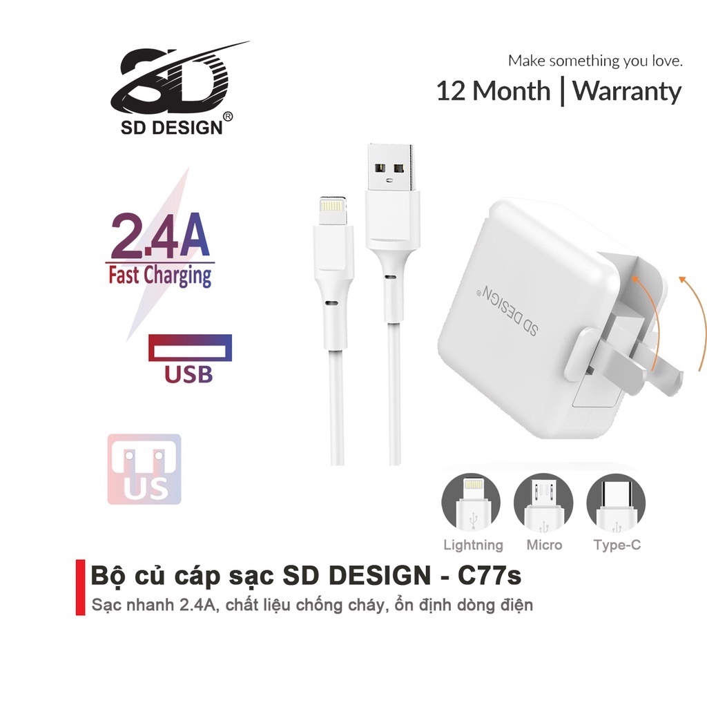 Bộ Củ + Cáp Sạc C77s chính hãng SD DESIGN chân gập 90 độ sạc nhanh an toàn cho điện thoại