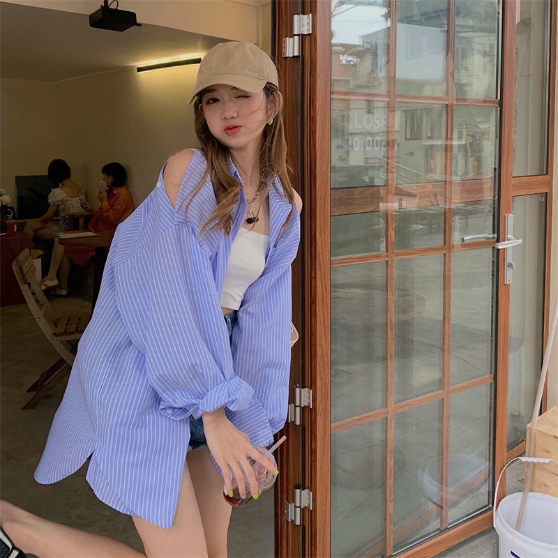 Áo kiểu trễ vai kẻ sọc màu xanh dương phong cách Hàn Quốc ngọt ngào cho nữ