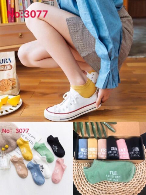 Vỉ 7 đôi tất nữ cổ ngắn 7 ngày siêu kute