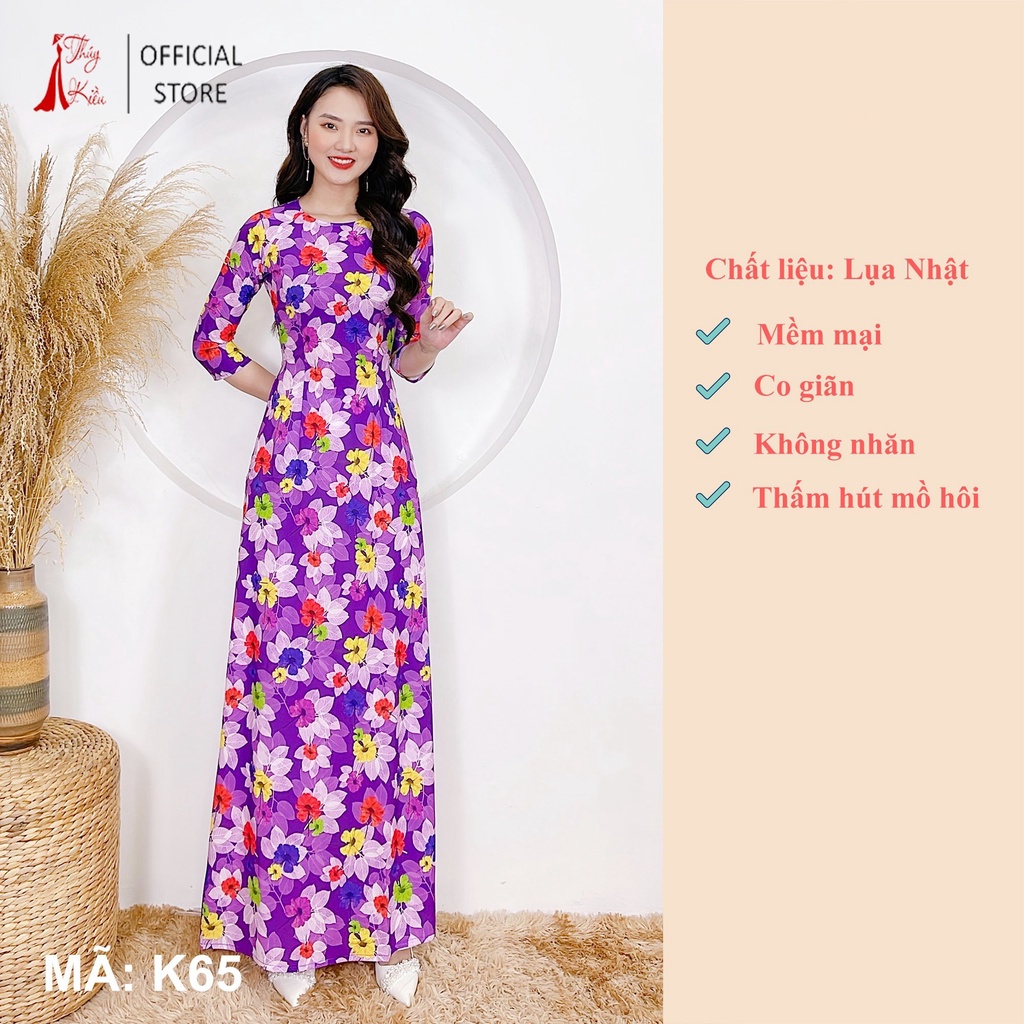 Áo dài nữ may sẵn hoa nhí thiết kế đẹp cách tân tết màu tím K65 Thúy Kiều mềm mại, co giãn,áo dài giá rẻ
