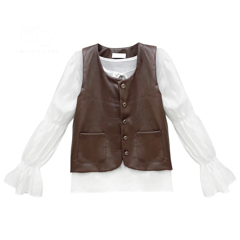 Set áo sơ mi bay và áo gile da màu nâu cá tính phong cách Ulzzang