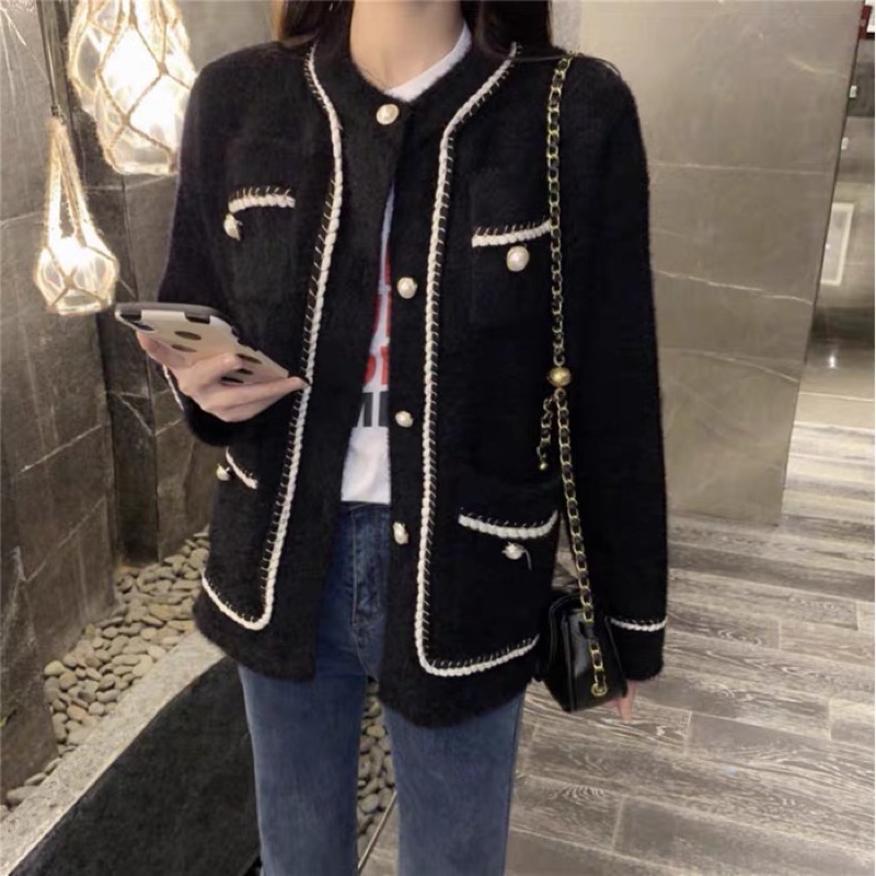 Hàng Quảng Châu dày🖤Áo khoác len cardigan lông thỏ viền kẻ cúc ngọc cao cấp phong cách Hàn Quốc