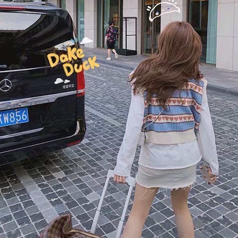 Áo Dệt Kim Không Tay Cổ Chữ V Phong Cách Harajuku Cổ Điển