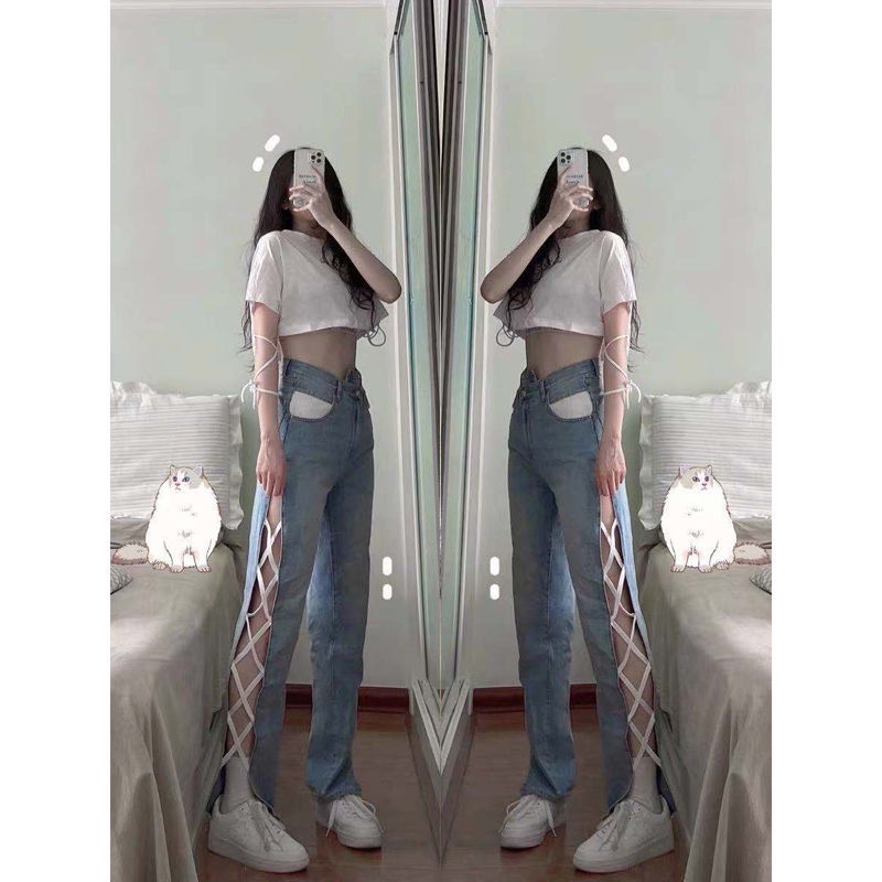 Quần jean lưng cao ống rộng thiết kế thời trang phong cách cá tính cho nữ