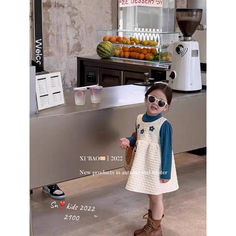 Váy thu đông cho bé gái, set váy xốp thêu 3 bông hoa kèm áo zip xanh chất siêu đẹp cho bé