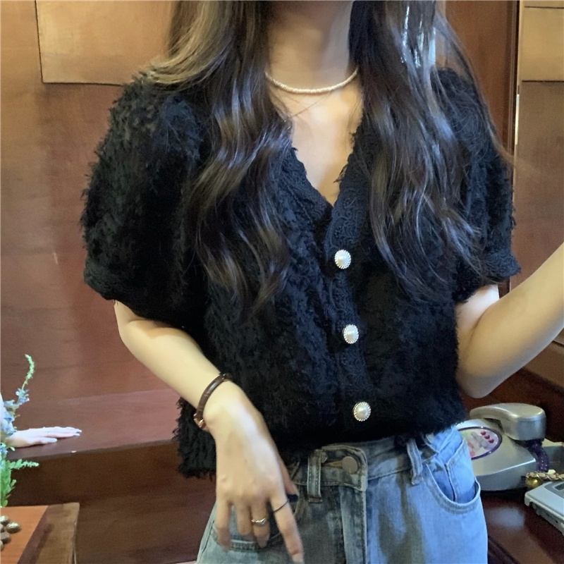 Áo Sơ Mi Ngắn Tay Cổ Chữ v Phối Ren Đính Ngọc Trai Phong Cách Retro 53686