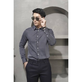 Sơ Mi Nam Dài Tay Công Sở Venisce - Màu Đen Kẻ Sọc Tím, Form Slim Fit, Vải Cotton Pha 10% Chất Liệu .