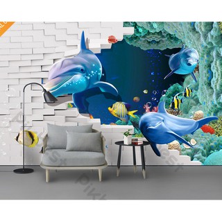 Tranh dán tường Tranh cá heo 3d xuyên tường kích thước lớn có keo sẵn MS1060749