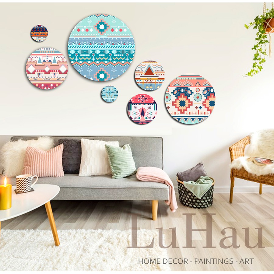 Bộ tranh tròn decor Luhau Pattern pastel trang trí phòng khách, phòng ngủ