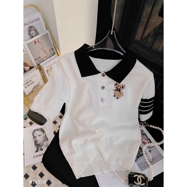 Áo len mongtoghi cổ bẻ thêu gấu ngực siêu đẹp Áo len ngắn tay dệt kim _Thaovanshop