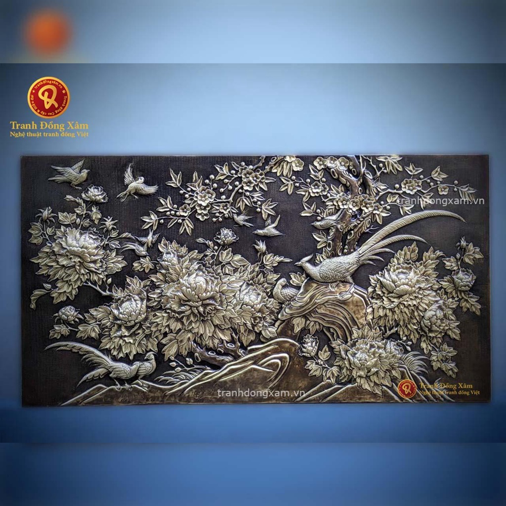 Tranh Hoa Phù Dung Chim Trĩ Bằng Đồng Nền Cổ Điển Khung Decor
