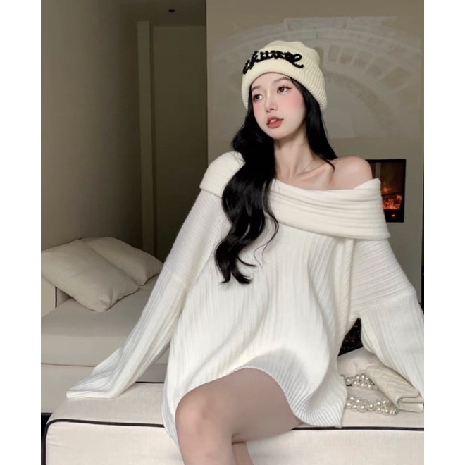 Áo kiểu len hở trễ vai nữ ulzzang trùm mông