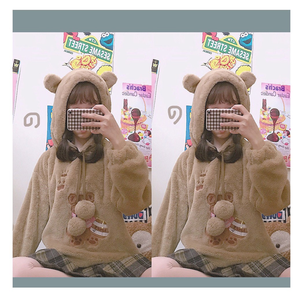 Áo khoác có nón tai gấu vải nhung lông dễ thương ulzzang ( 2 màu )