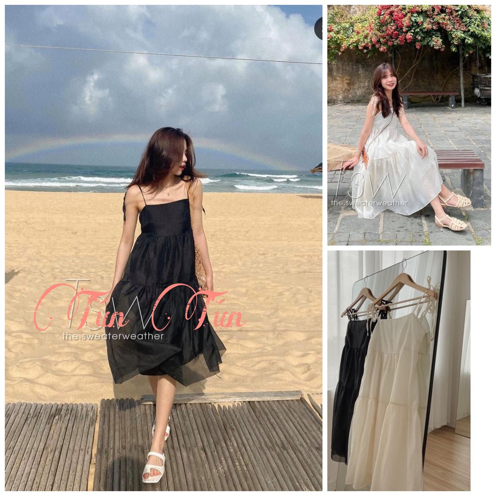 Đầm váy hai dây voan tơ buộc vai 2 lớp Ulzzang