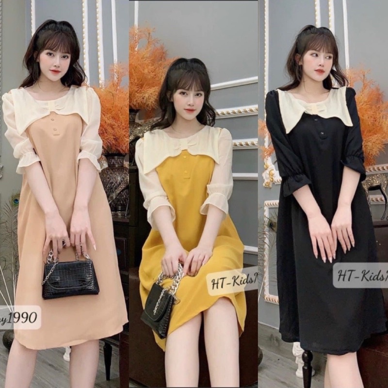 Váy suông - Đầm suông chất đũi tay lỡ phối voan sang chảnh, from rộng bầu bí bon chen