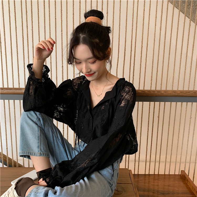 Áo Sơ Mi Tay Phồng Phối Ren Phong Cách Hàn Quốc Thời Trang Mùa Xuân Cho Nữ