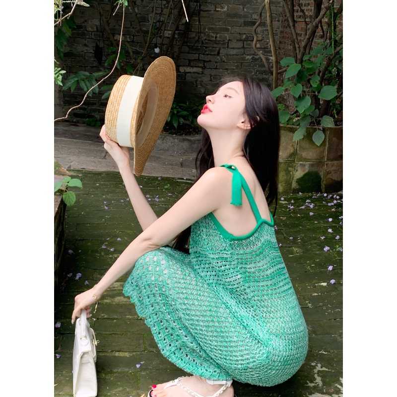 Váy maxi đi biển lưới ren  đầm dài đi biển hở lưng bikini phong cách kiểu hàn quốc suông xuông mẫu 2022 DK1T207