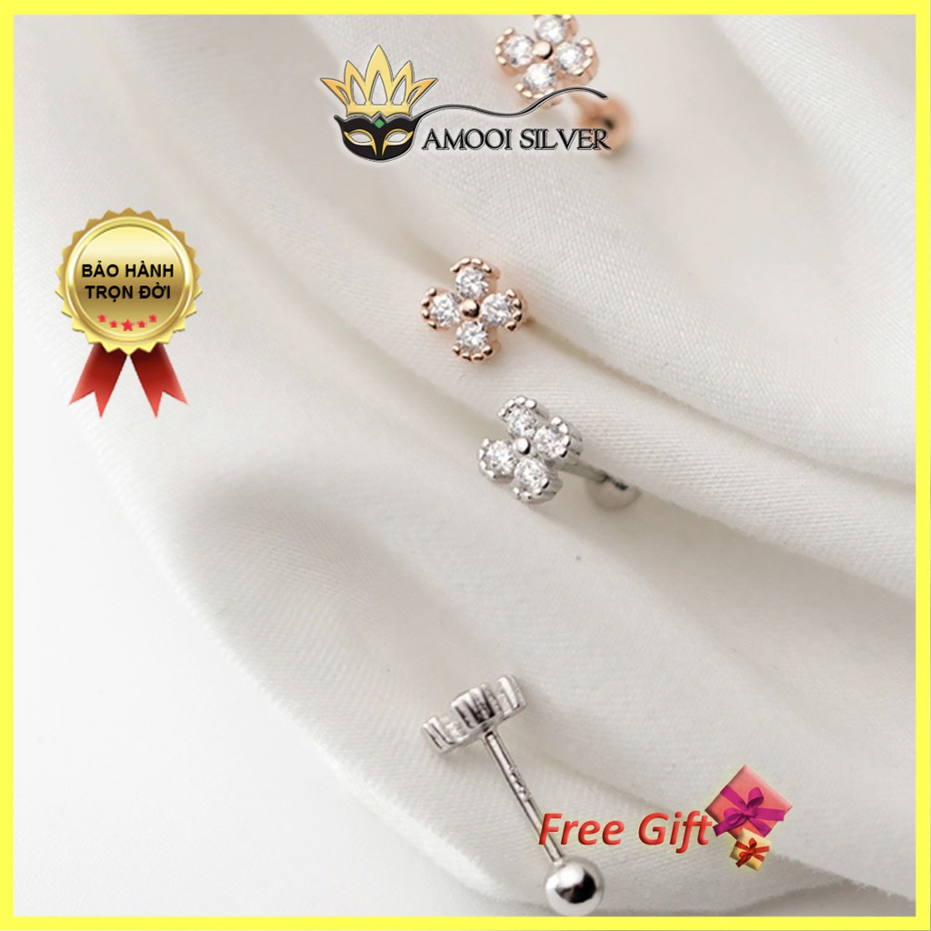 Bông tai bạc S925 hoa 4 cánh chui vặn nhí - Amooi Silver AB169