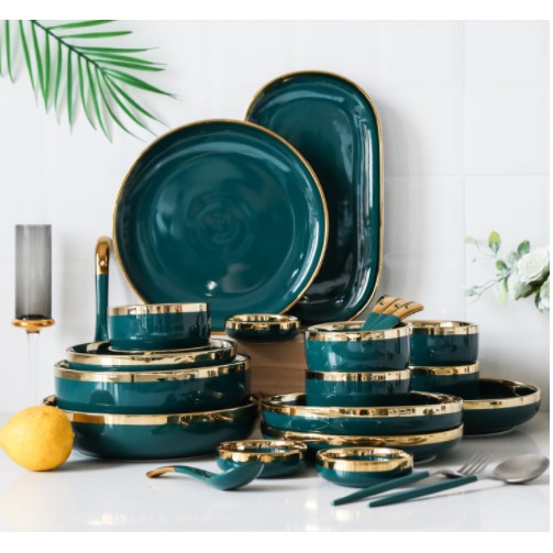 (SET 1-4 người) Bộ chén bát màu xanh bóng Nhật Bản (không đũa)