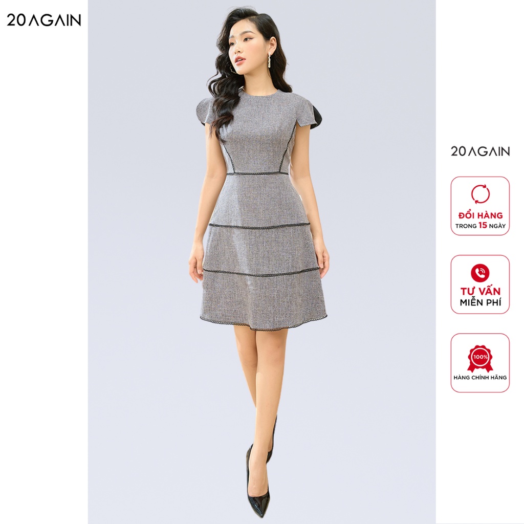 Đầm xòe ngắn tay viền nổi trang trí 20AGAIN thanh lịch và tôn dáng DEC0097