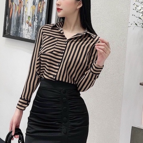 Áo Sơ Mi Kiểu Nữ Tay Dài Vải Lụa Sọc Túi Trước Form Đẹp Freesize