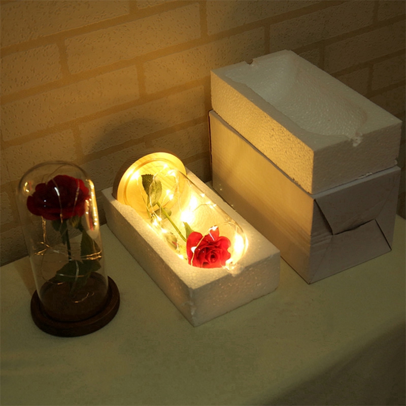 Bình đựng hoa hồng thủy tinh có dây đèn đế bằng gỗ thích hợp làm quà sinh nhật/Giáng Sinh/Valentine
