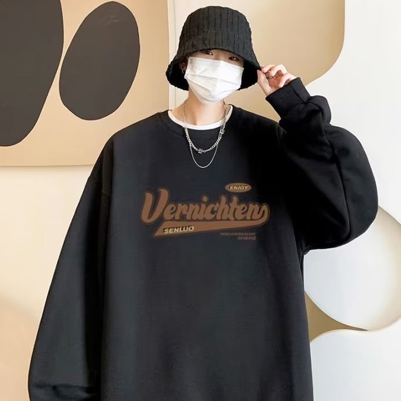 Áo Thun Tay Dài Cổ Tròn Dáng Rộng In Chữ Phong Cách Hàn Quốc Thời Trang Cho Nam Size M-5XL