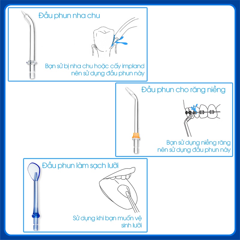 Đầu phun máy tăm nước Bair, bộ đầu phun tăm nước chính hãng khử trùng an toàn cho răng miệng