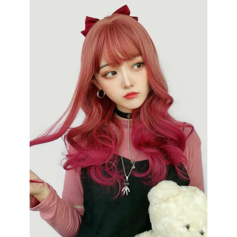 [Sẵn] Wig teen/lolita/cosplay M53 đỏ pha hồng cam (tóc giả nguyên đầu xoăn đuôi cá tính) tại Miu Cosplay