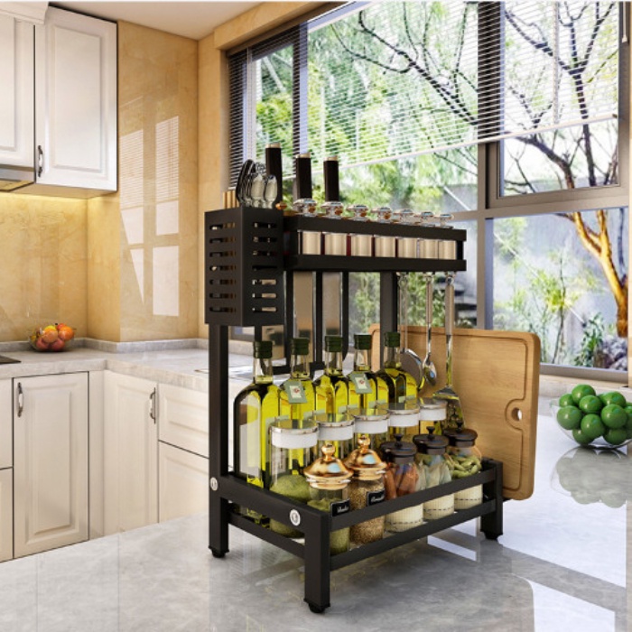 Kệ gia vị 2 tầng thép đen có chỗ để dao thớt