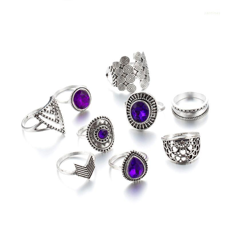 Set 9 nhẫn bạc phong cách bohemian cổ điển thời trang cho nữ