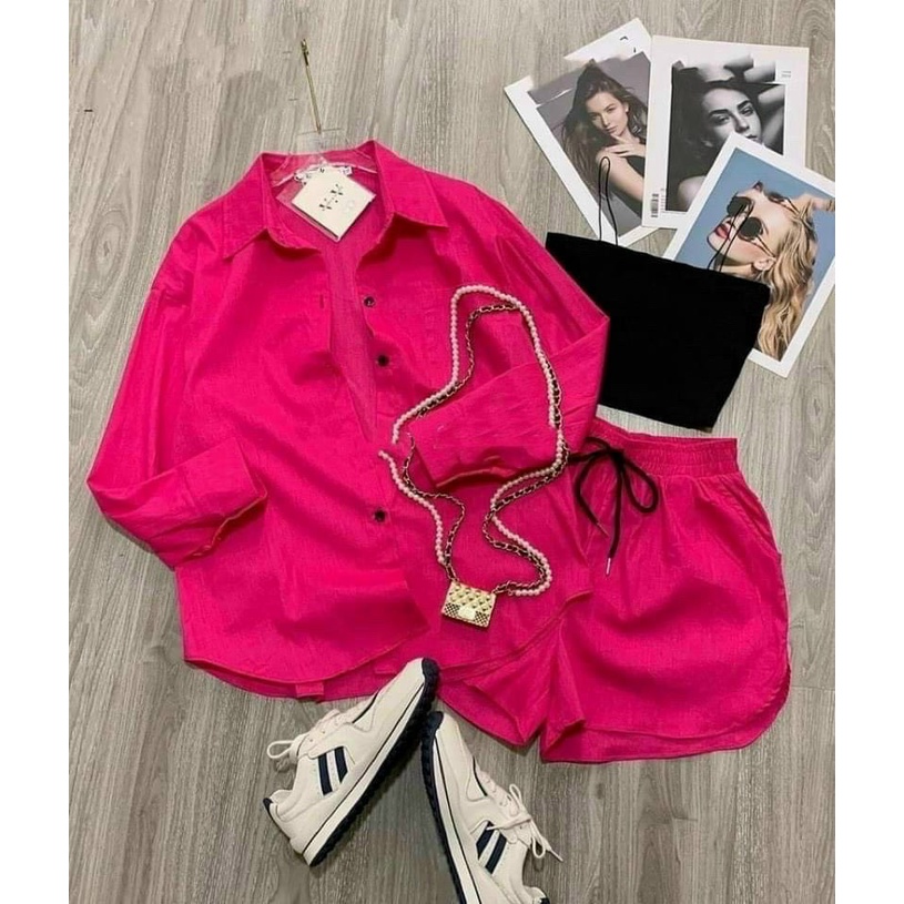 Set đùi đũi 3 món áo sơ mi đũi + áo 2 dây + quần đùi lưng chun cao cấp thời trang thiết kế phù hợp mọi phong cách