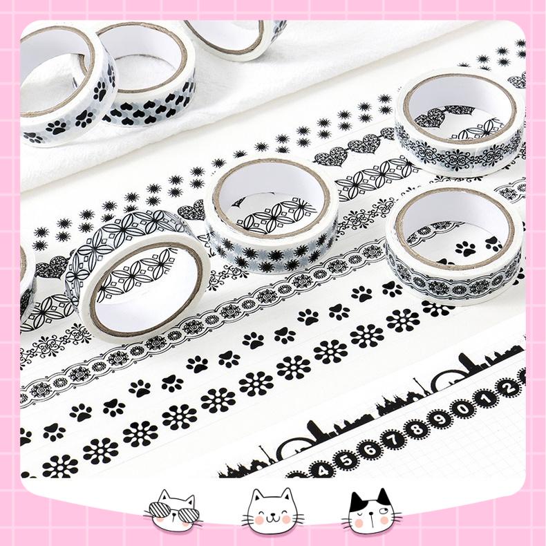 BĂNG KEO WASHI TAPE HỌA TIẾT ĐEN TRẮNG TRANG TRÍ SỔ TAY, SCRAPBOOK,.. DỄ THƯƠNG