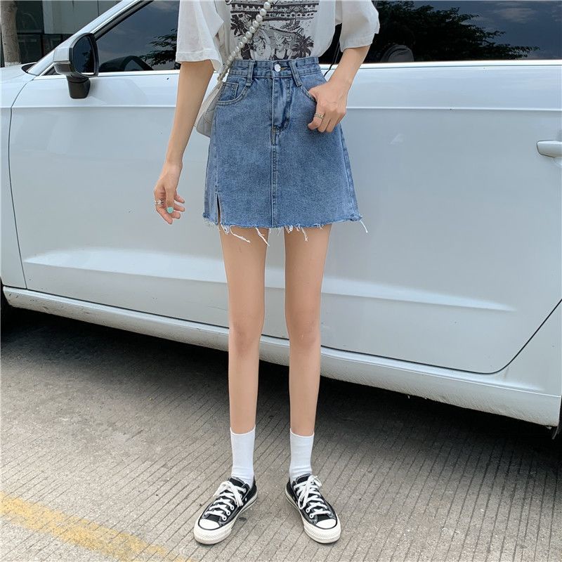COZOK Chân váy jean Lưng Cao Xẻ Tà Đơn Giản Hợp Thời Trang Dễ Phối Đồ