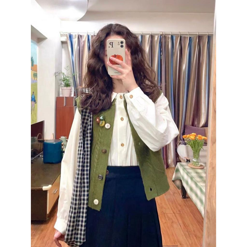 Set Áo Khoác Cardigan 3 Món Màu Xanh Lá + Áo Sơ Mi Tay Dài + Chân Váy Đen Thời Trang Mùa Xuân Cho Học Sinh