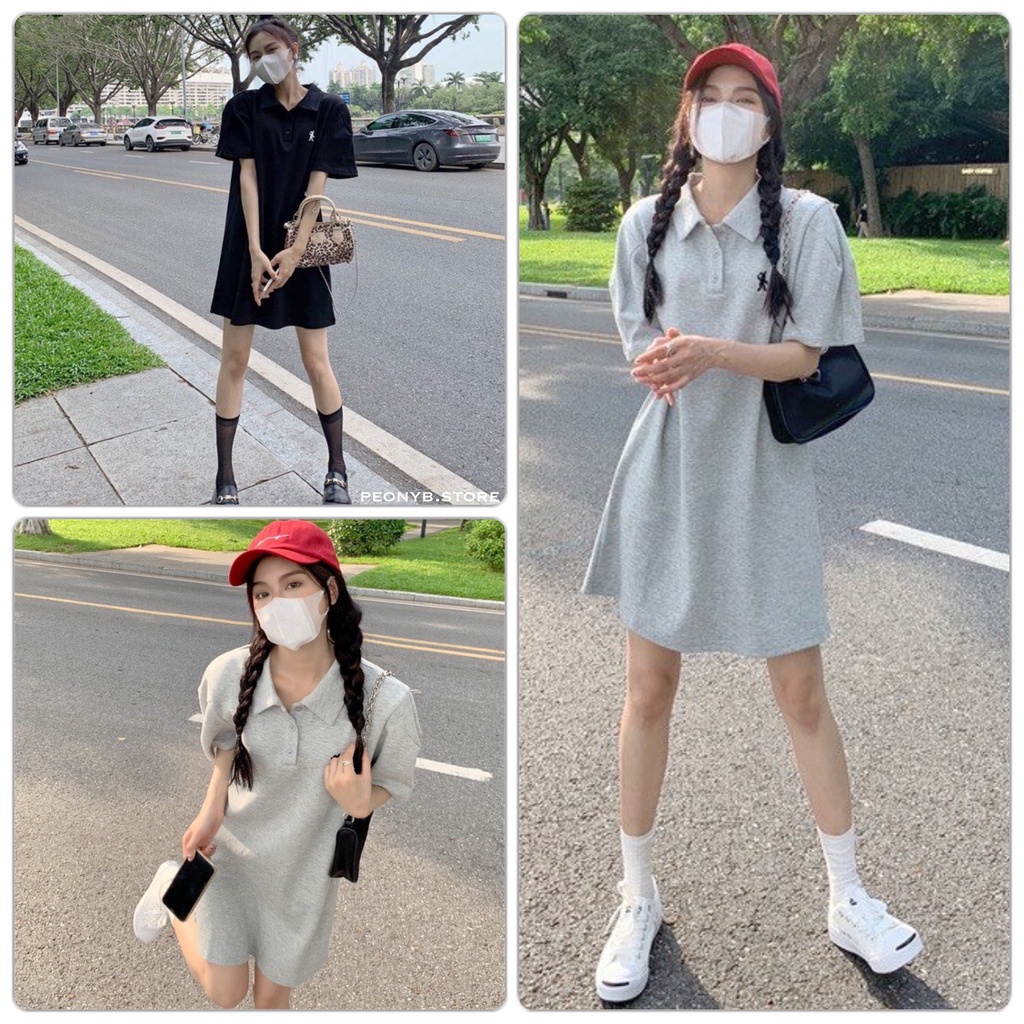 Váy Thun Polo Thêu Thỏ PEONYB Nữ [FREESHIP]  Đầm dáng suông cổ bẻ tay lỡ kiểu dáng học sinh cá tính hàn quốc Ulzzang