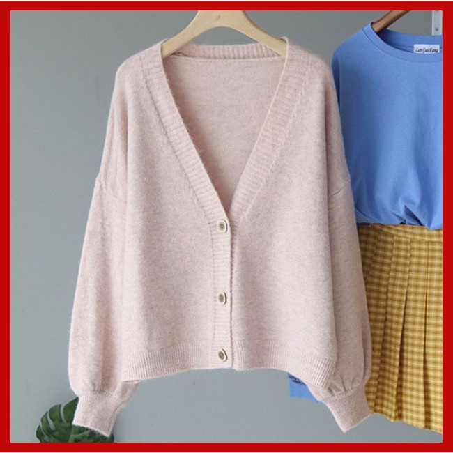 New [Hàng đẹp] 💖Áo Cardigan khoác len basic dáng ngắn cổ chữ V, tay bồng hàng quảng châu cao cấp Mua Hàng Ngay