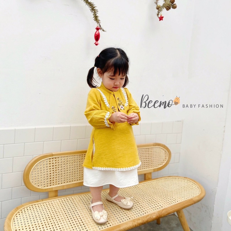 Áo dài Beemo nơ cổ thêu hoa chất liệu nhung tăm mềm mại cao cấp cho bé 10-23kg-21B055